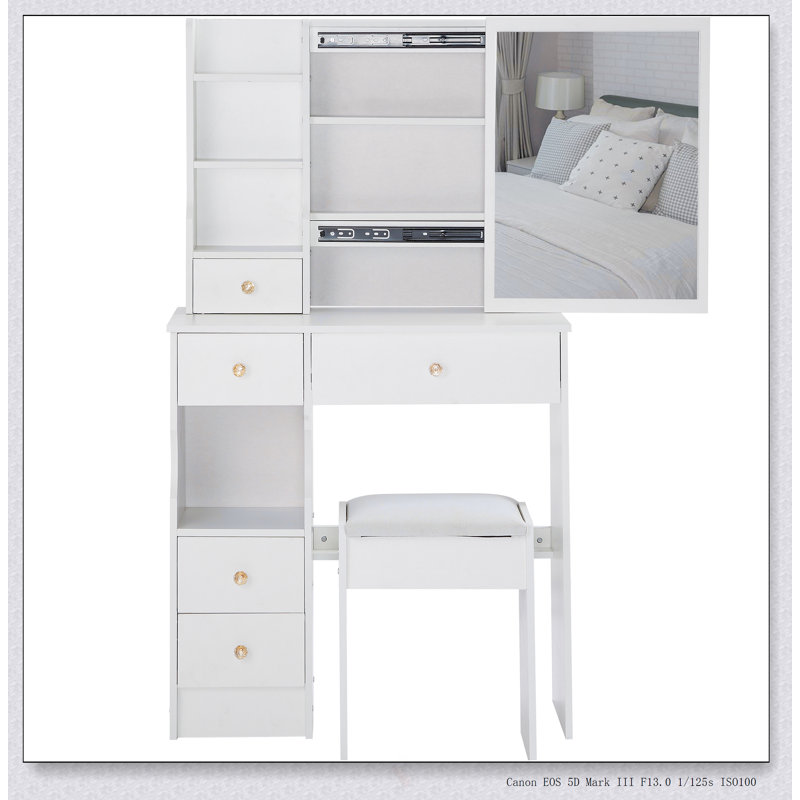 Table de coiffeuse compacte avec très grand miroir coulissant, rangement multicouche et tabouret rembourré pour les petits espaces