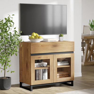 Modern TV Stand With Glass Doors For 40 Inch Tvs, Entertainment Centre Console With Drawer And Metal Base For Living Room, Bedroom