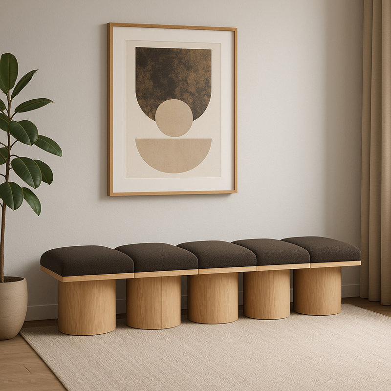 Banc rembourré Horatia, Tissu brun bouclé, Naturel, H 17,5 po x l 77,5 po x P 18 po
