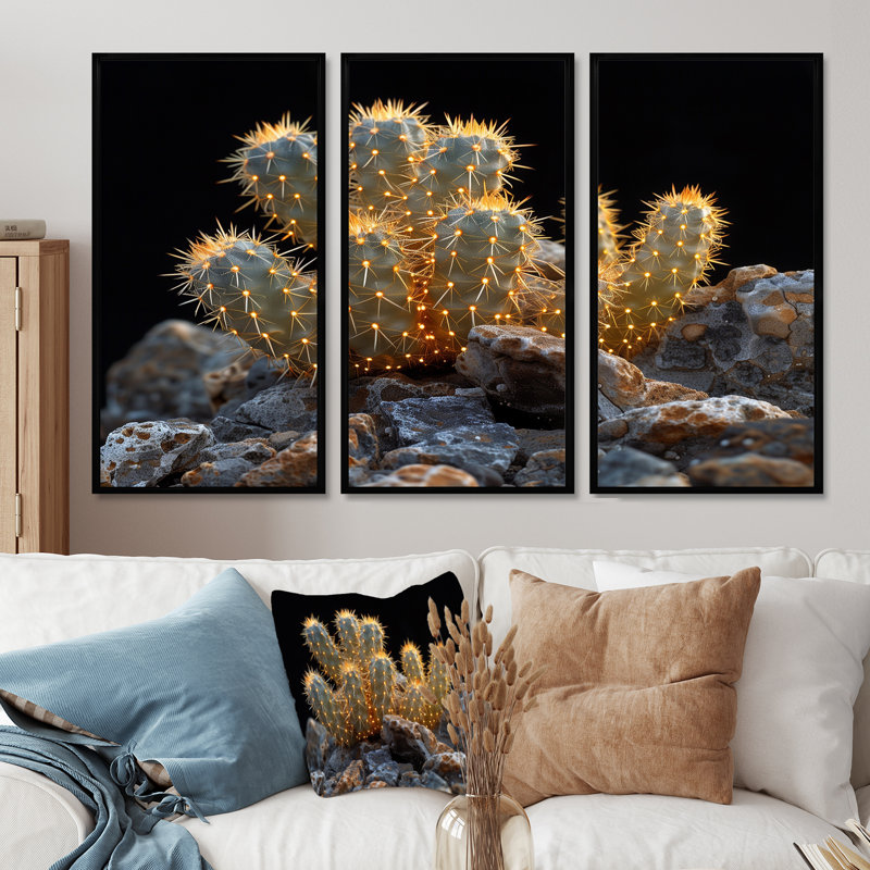 Ensemble de salon art mural jaune Cactus I, H 28 po x l 36 po, Cadre flottant noir