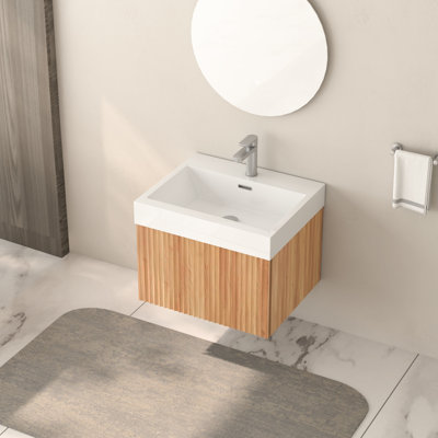 Color 24" Wall Mounted Bathroom Vanity With Integrated Basin, Space Design For Compact Spaces, Modern Aesthetic, Sink, Plywood Construction, Handles, Hassle- Diy Floating In Wood, Minimalist Style