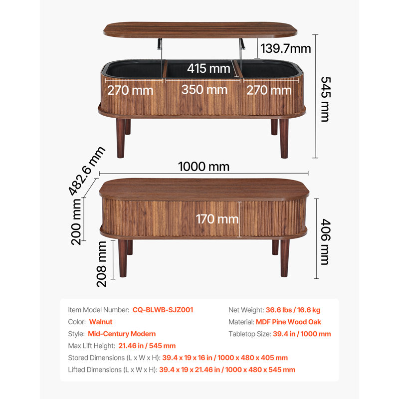Table basse à plateau relevable de 39,4 po, table basse ovale cannelée avec 3 compartiments cachés, bureau central ovale en bois de style Mid-Century avec rangement, plateau de table relevable pour la maison et le bureau, assemblage facile, noyer