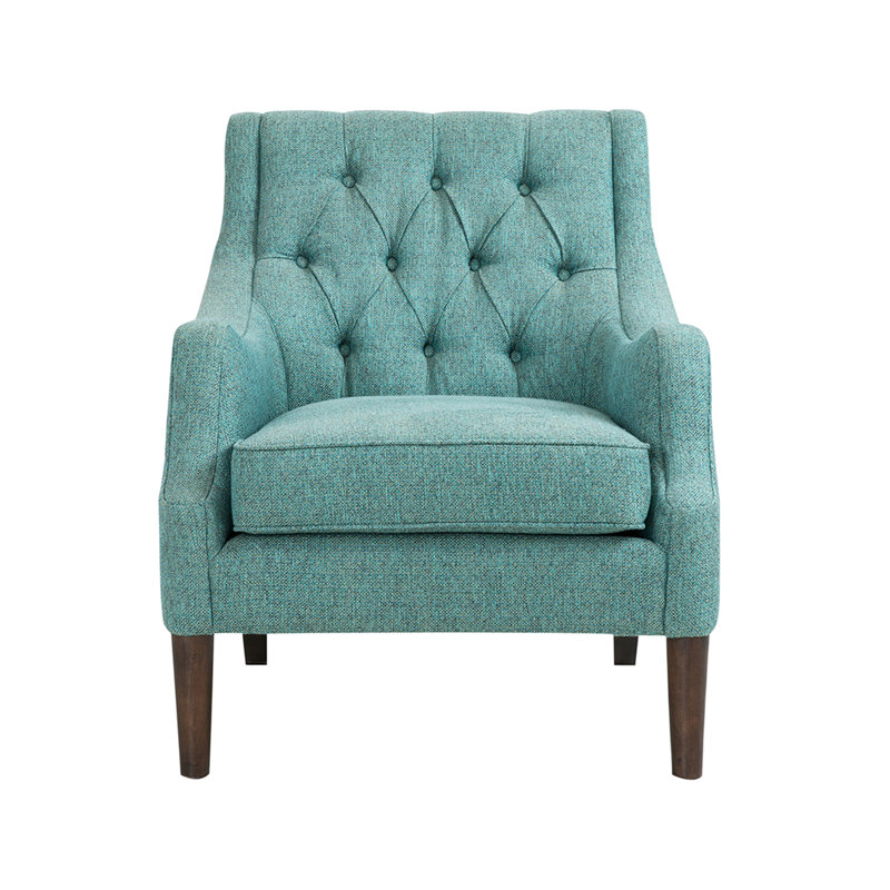 Fauteuil inclinable à boutons de style transitionnel, bleu sarcelle, structure en bois massif, pieds décoratifs, tissu, siège amovible
