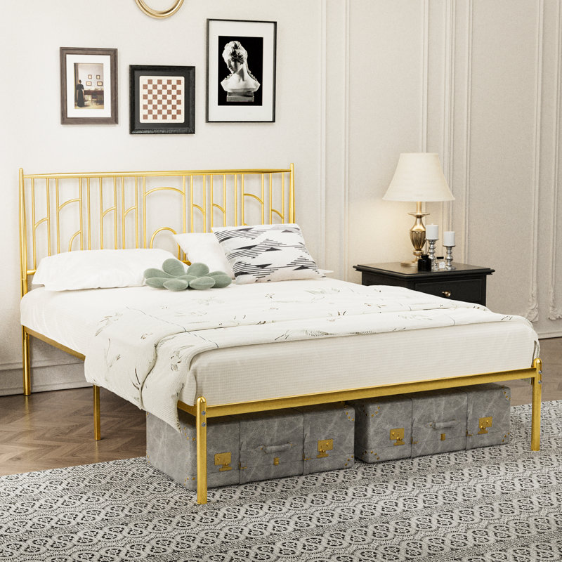 Metal Steel Platform Bed Frame With Iron-Art Headboard (Queen Size) - Gold