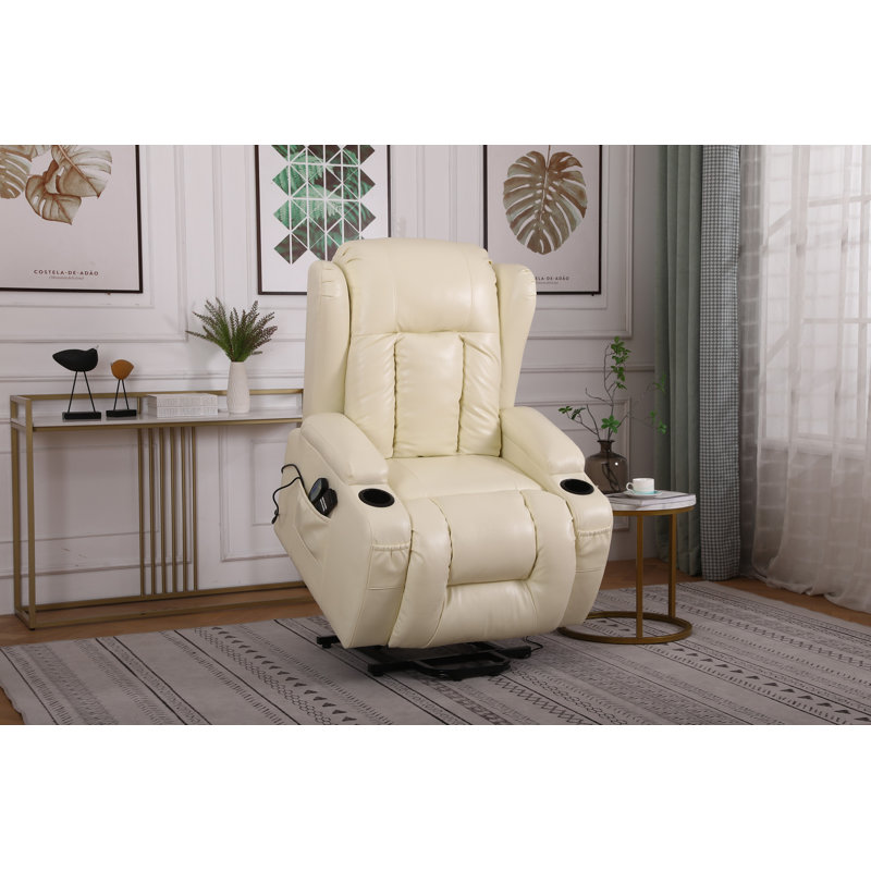 Convery Faux Leather Heated Massage Chair, Cream Leather Match