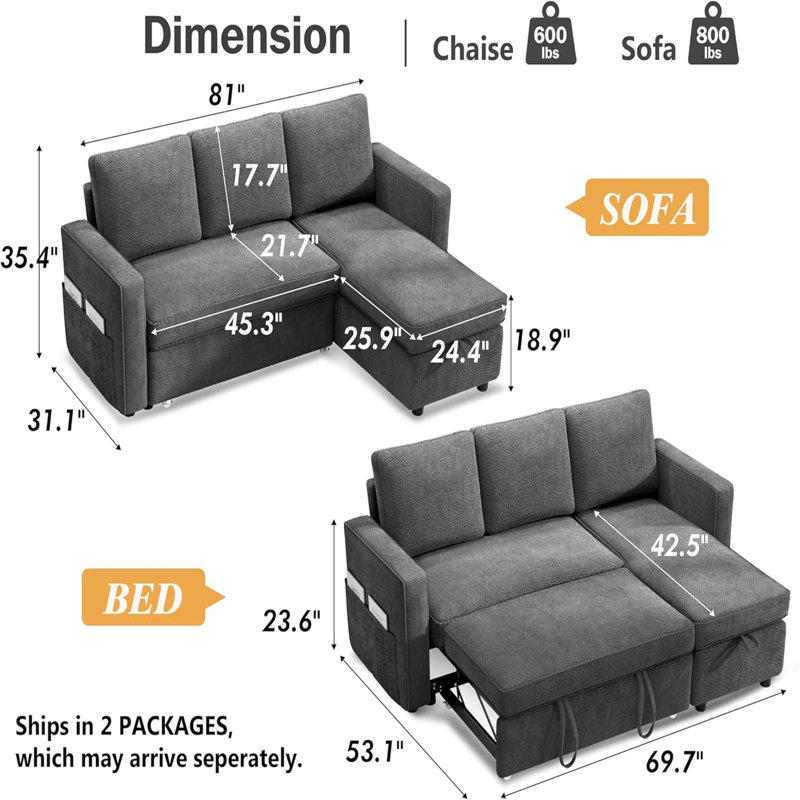 Ebern Designs 81" Convertible L Shaped Couch Sofa Sleeper With Reversible Chaise With Storage And Side Pockets, Gray