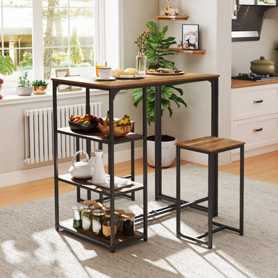 3-Piece Bar Table Set 2 Person Dining Furniture Set w/2 Stools 3 Storage Shelves
