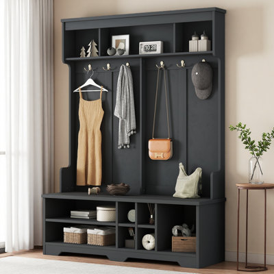 Modern Hallway Hall Tree With Metal Hooks And Storage Space, Multi-Functional Entryway Coat Rack With Shoe Cubbies