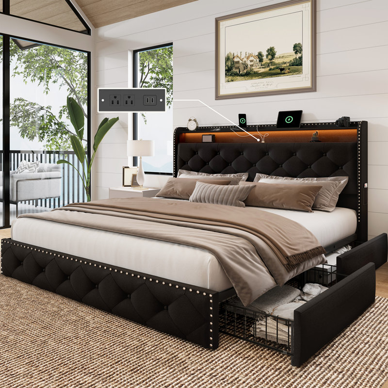 Lit plateforme tapissier avec 4 tiroirs de rangement, grand lit en velours avec tête de lit avec tablette de rangement et station de charge et lumières à DEL, noir