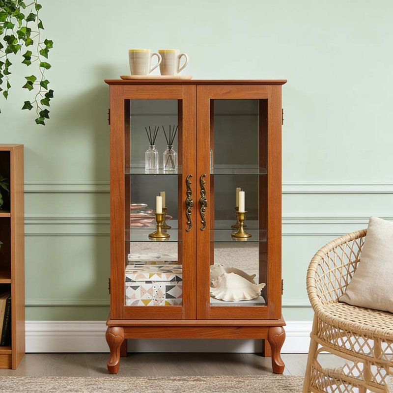 2 Doors Curio Cabinet with Tempered Glass Doors,, Dark Oak
