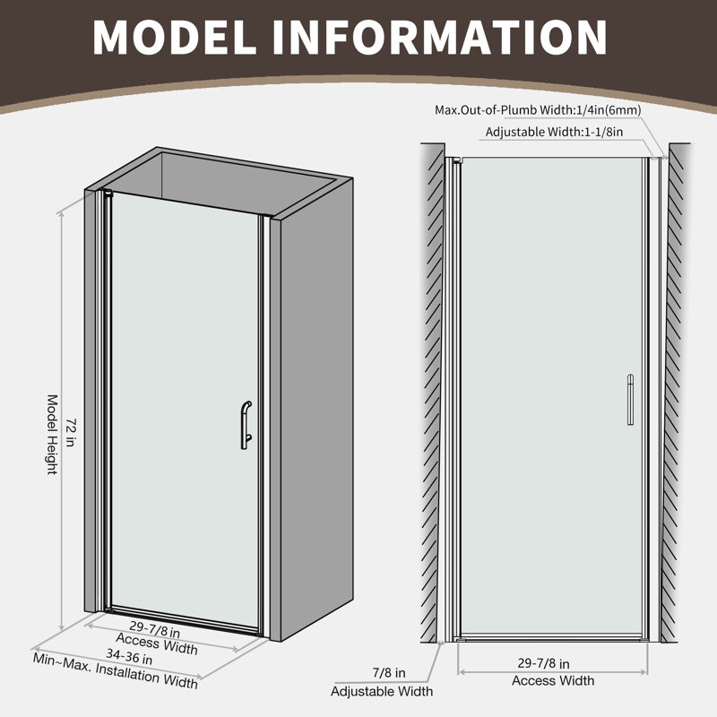 34-35.9 in. W x 72 in. H Pivot Swing Frameless Shower Door with Clear SGCC Tempered Glass, Gold