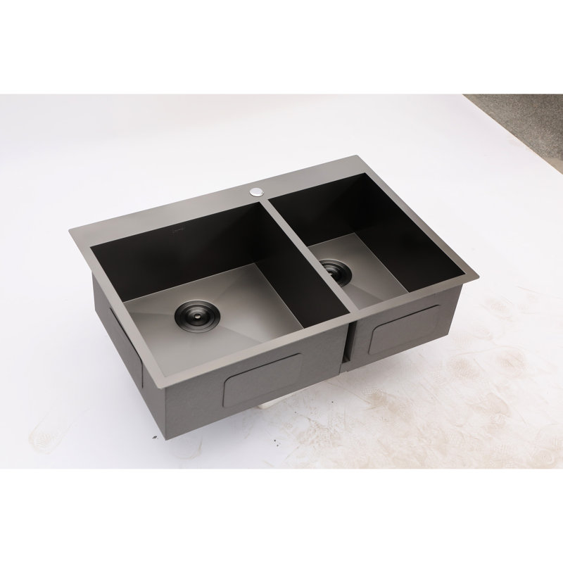 Double évier encastré 33 po x 22 po, noir acier, bol de cuisine noir de qualité en acier inoxydable de calibre 18, acier inoxydable, longue durée de vie