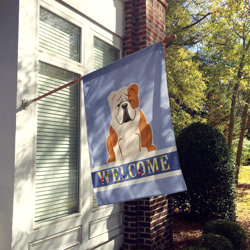 Polyester 2 côtés 40 x 28 po welcome drapeau maison, Bouledogue anglais fauve / blanc assis