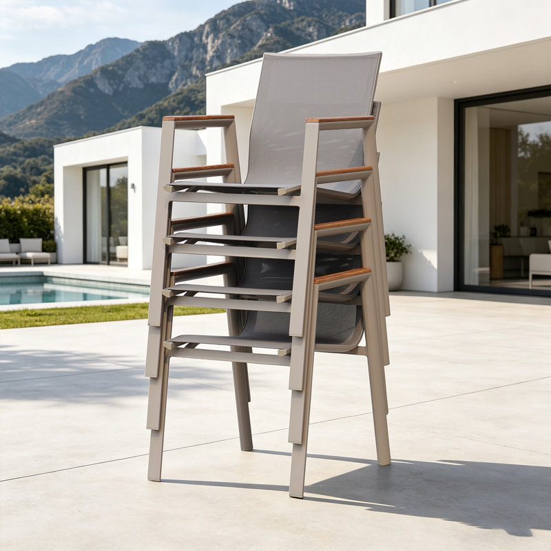 4-Person Square Outdoor Patio Dining Set, Weatherproof Teak Table with Phifertex Sling Stackable Chairs, Easy-Clean & Rustproof