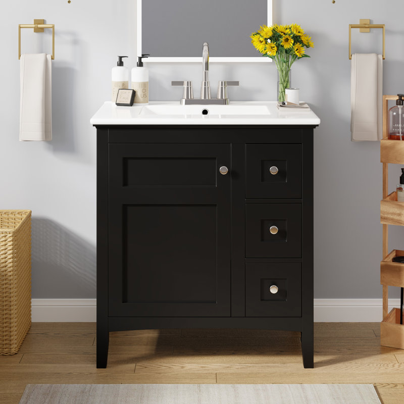 Meuble-lavabo noir 30 po avec lavabo en céramique, Noir