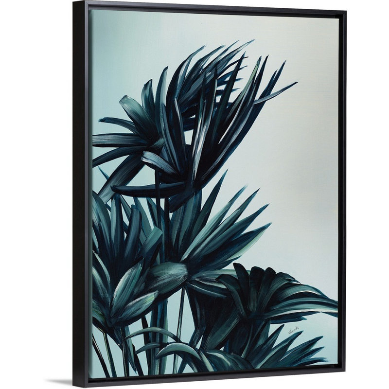 « tropical palms v », peinture sur toile, H 41,7 po x l 31,7 po x p 1,75 po, Cadre flottant noir
