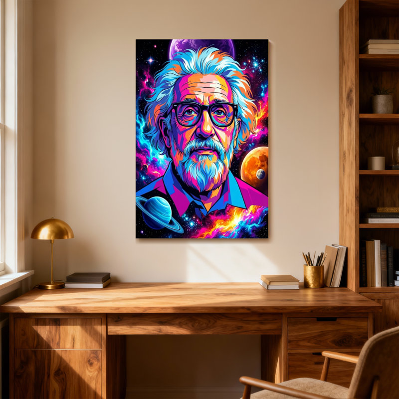Portrait d'Einstein cosmique avec planètes et galaxies, H 30 po x l 20 po