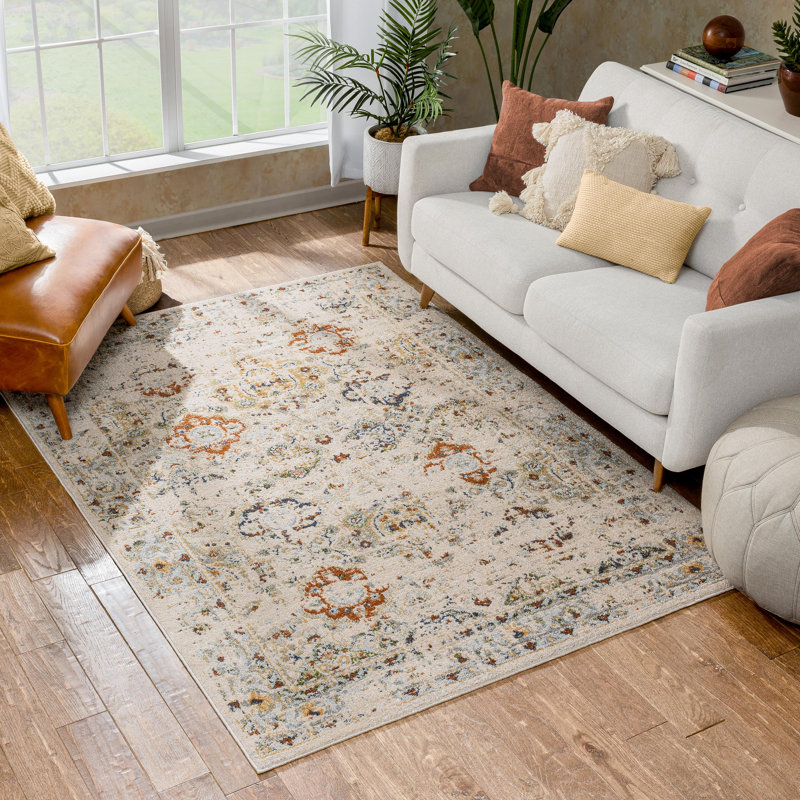 Vintage Distressed Area Rug Floral Medallion Pattern Traditional Oriental Cream Beige, Rectangle 7'10" x 10'6"
