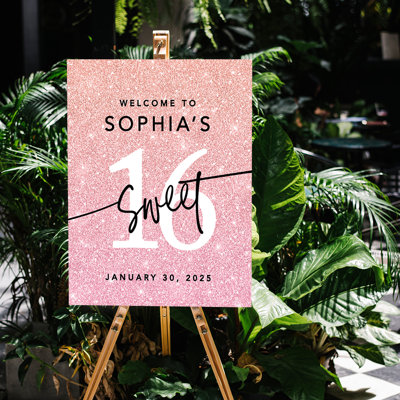 Grande enseigne de bienvenue sur mesure Sweet 16, rosé pailleté, affiche sur toile pour décoration de fête, paq. 1