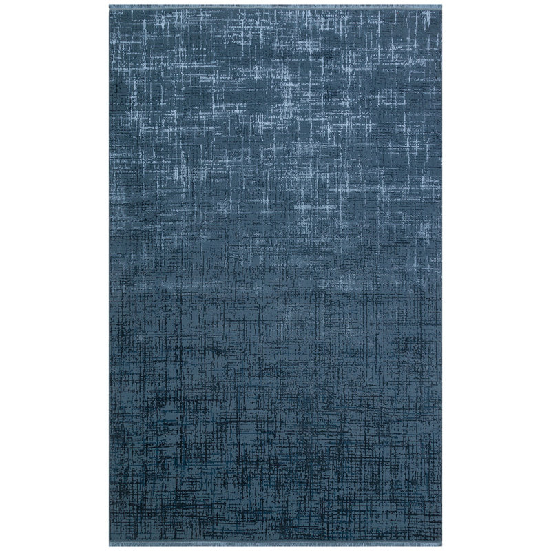 Tapis bleu marine / blanc en polyester tissé à la machine Malbork, Rectangle 5 pi 3 po x 7 pi 7 po