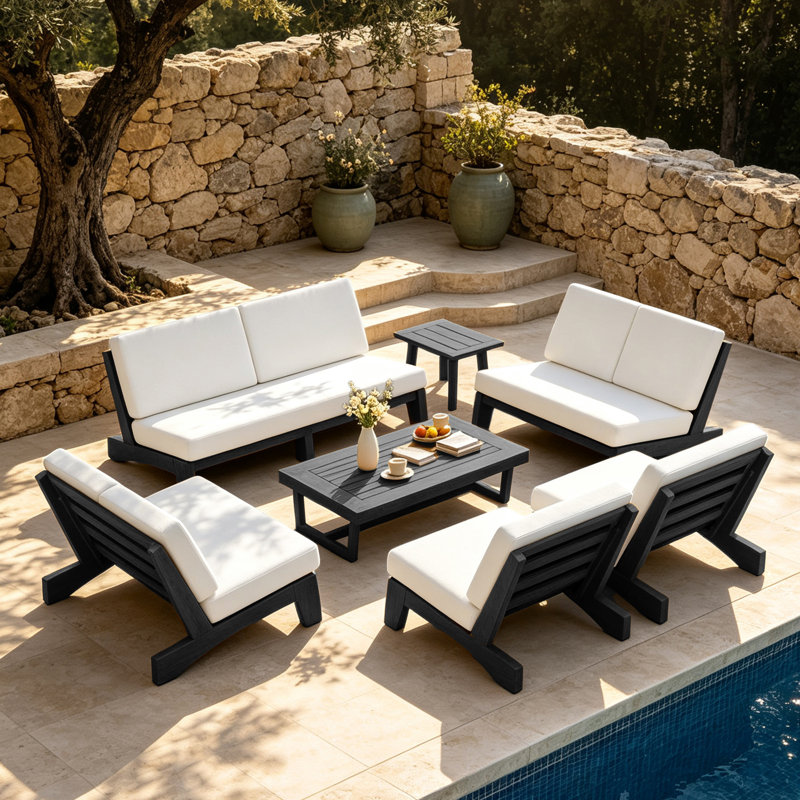 Ensemble de conversation extérieur Polett en bois massif, 7 pièces: 2 tables, 2 causeuses, 2 chaises, canap, Beige, Black