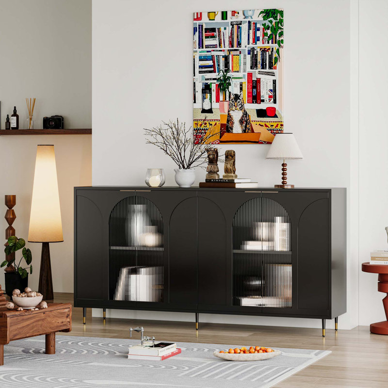 4 Glass Doors Sideboard Buffet Server Cabinet Storage Cabinet, Black