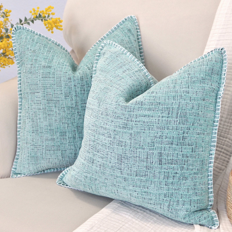 Mint Green Chenille Square Throw Pillow Covers with Piped Edges