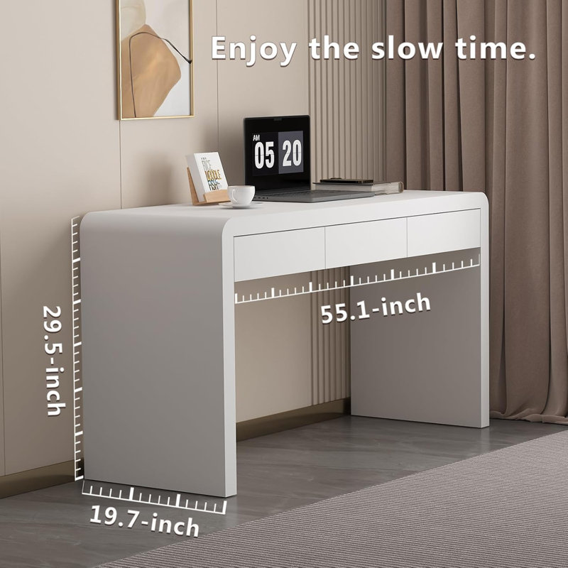 Bureau de direction avec tiroirs, bureau d'ordinateur blanc avec tiroirs avec planche de bois épaisse laquée à trois couches, bureau à domicile moderne de 55 pouces pour bureau, salon, chambre à coucher