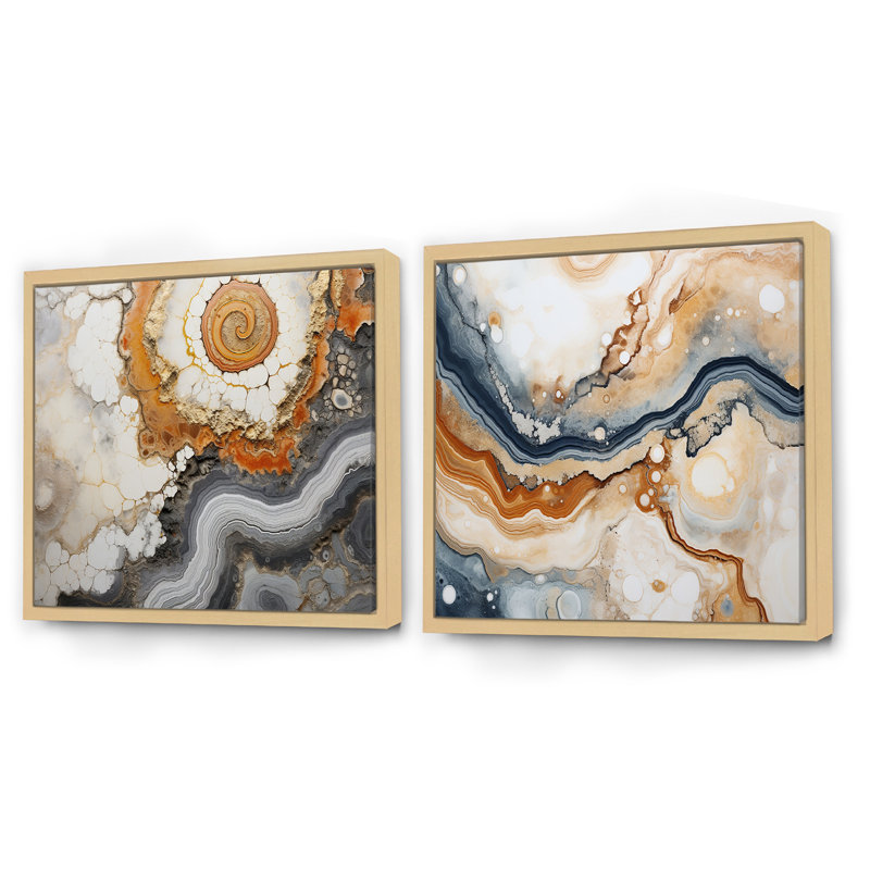 Beige et jaune pierre Geode Simplicity - Ensemble de 2 collages carrés en géode de pierre, Cadre flottant brun
