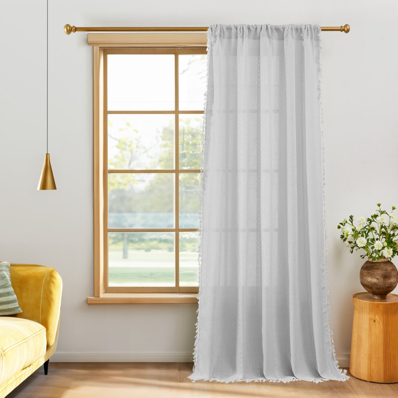 Semi Sheer Rod Pocket Curtain Panel with Tassel Fringe – Faux Linen Textured, Light Filtering, 1 Panel, 52" W x 54" L, Gray