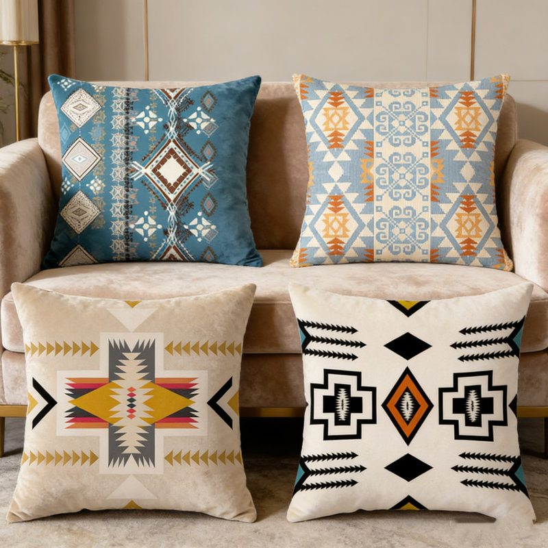 Ensemble de 4 housses de coussins décoratifs style bohémien de style marocain épaissis (18 x 18 pouces) (45 x 45 cm), B2