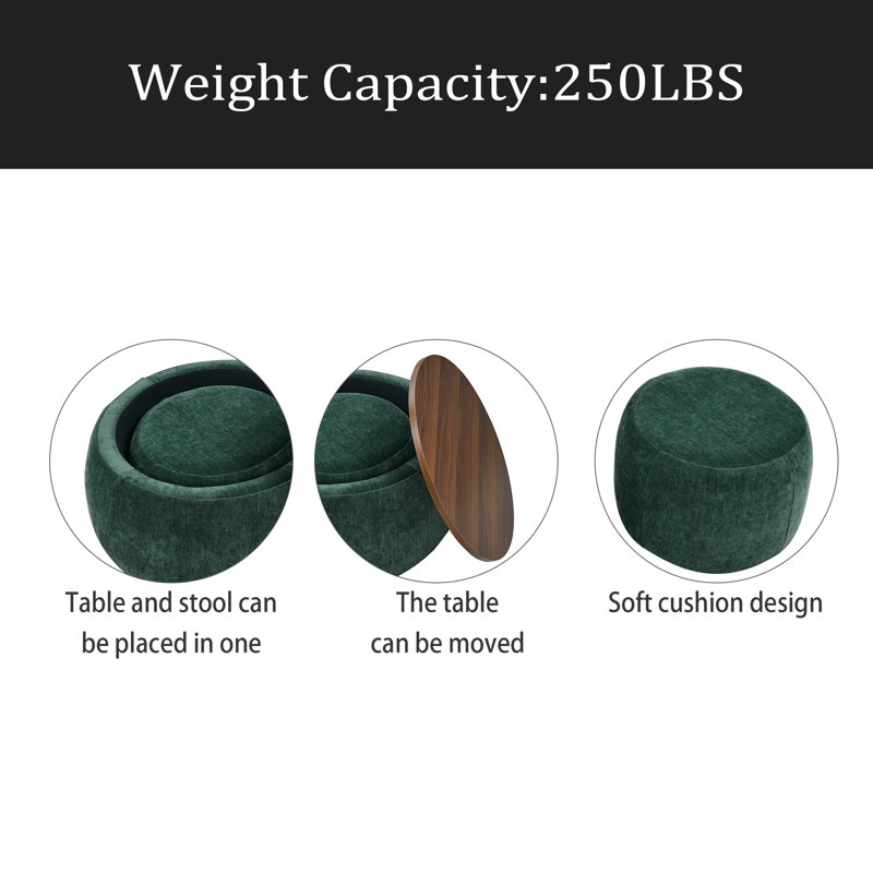 Round Storage Ottoman, 2 In 1 Function, Work As End Table And Ottoman,With Small Seat, Green