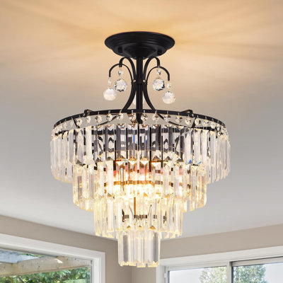 15.35" Modern Tiered Crystal Semi Flush Mount, 3 Finishes (Gold/Silver/Black), E14 Base, No Bulb