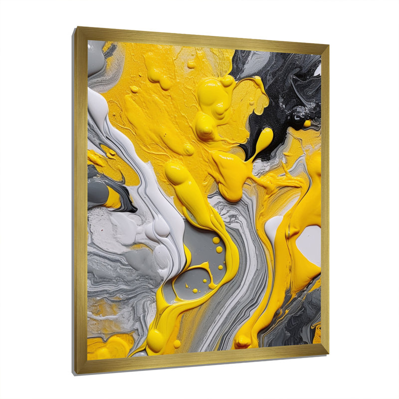 Impression sur toile abstraite jaune et grise cosmique II, H 32 po x l 16 po, Cadre photo unique, Doré