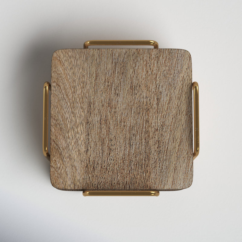 Wallis Square 4 Piece Coaster Set With Holder, Burned/Gold