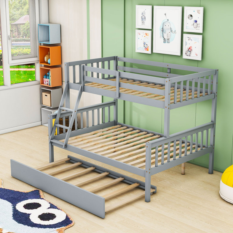 Twin Over Full Wood Bunk Bed With Twin Trundle, Built-In Ladder And Guardrail, Gray