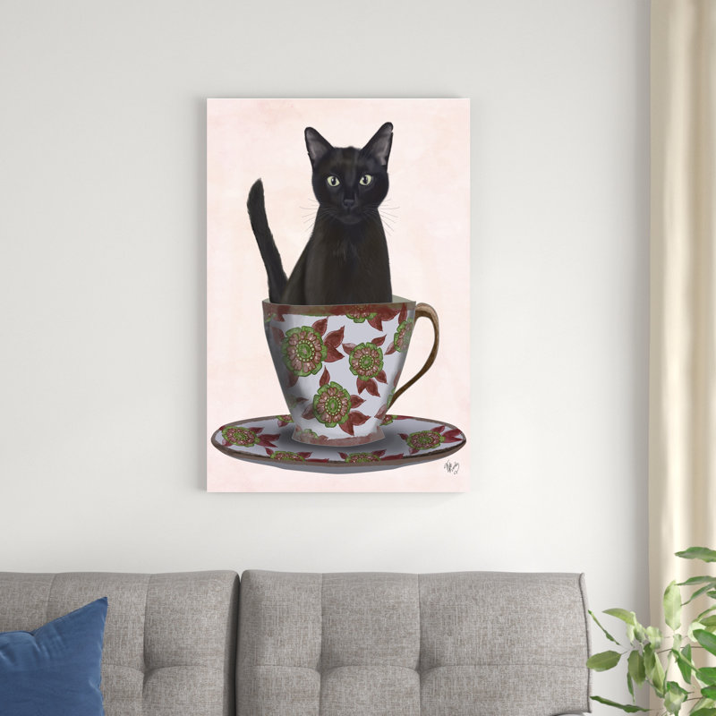Chat noir dans une tasse de thé, H 36 po x l 24 po x P 1 po