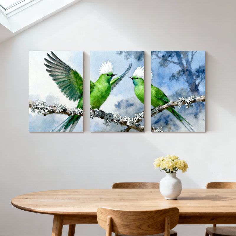 «Birds Green Birds on Snowy Branch», ensemble de 3 impressions sur toile, H 18 po x l 36 po