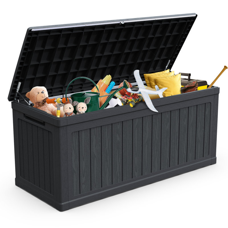 Coffre de rangement XXL pour terrasse, 260 gallons (environ 985 litres), noir, résine étanche, verrouillable, construction à double paroi, idéal pour ranger l'équipement de piscine, les outils de jardin et peut servir de siège.