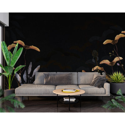 Murale feuille foncée botanique | Papier peint adhésif Moody Black Gold | Décoration murale de salon amovible