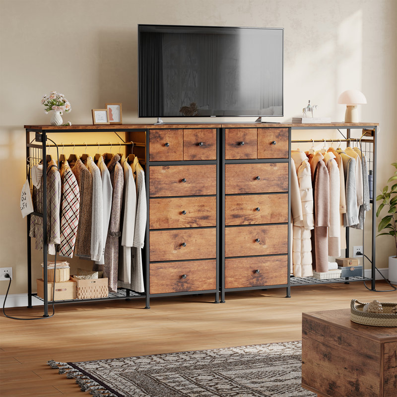 6 Drawer Dresser with Hanging Rack and Shoe Rack, Fabric Storage Dresser with Charging Station and LED Lights for Bedroom, Closet, Entryway