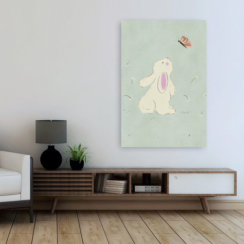 «Curious Bunny and Butterfly Delicate Peaceful Whimsical Butterfly Dandelion Rabbit Nature Spring», art mural
