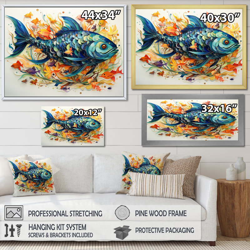 " Fishing Whale Of Colors III ", 34" H x 44" W x 1.5" D, White Single Picture Framed