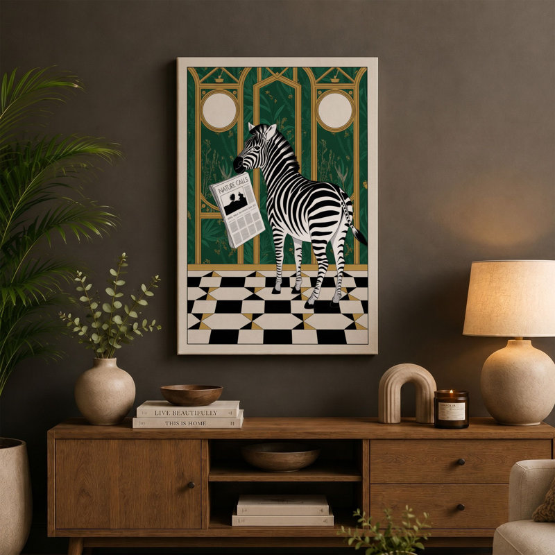 Deco Zebra With News Art Deco - Wrapped Canvas, 24x16 - 61.0 x 40.6 cm, Ochre Border