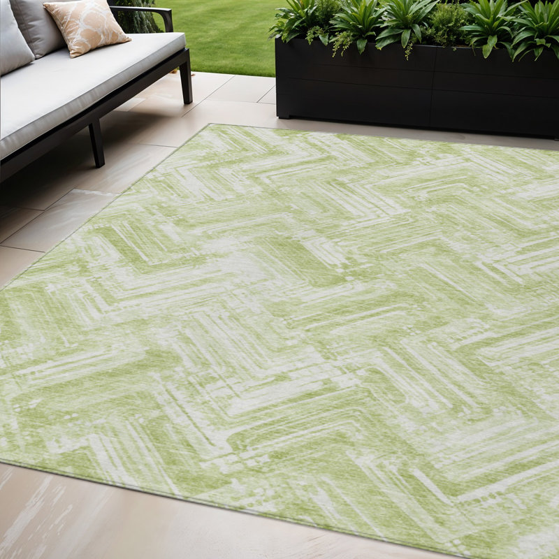 Tapis extérieur lavable à motif géométrique vert et ivoire 5 pi x 8 pi