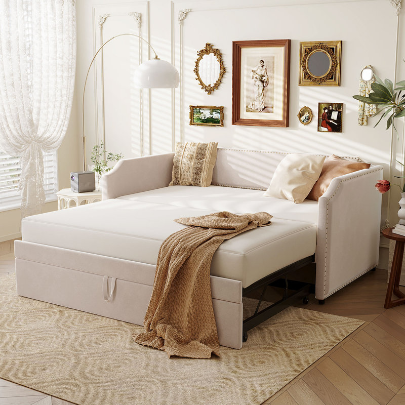 Twin Size Upholstered Daybed with Lift-Up Trundle Bed, Beige