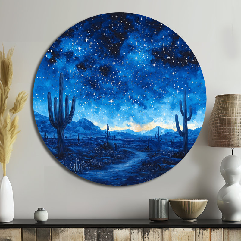 Cactus sous le désert, étoiles bleues I - Cactus imprimé sur un cercle métallique, H 16 po x l 16 po