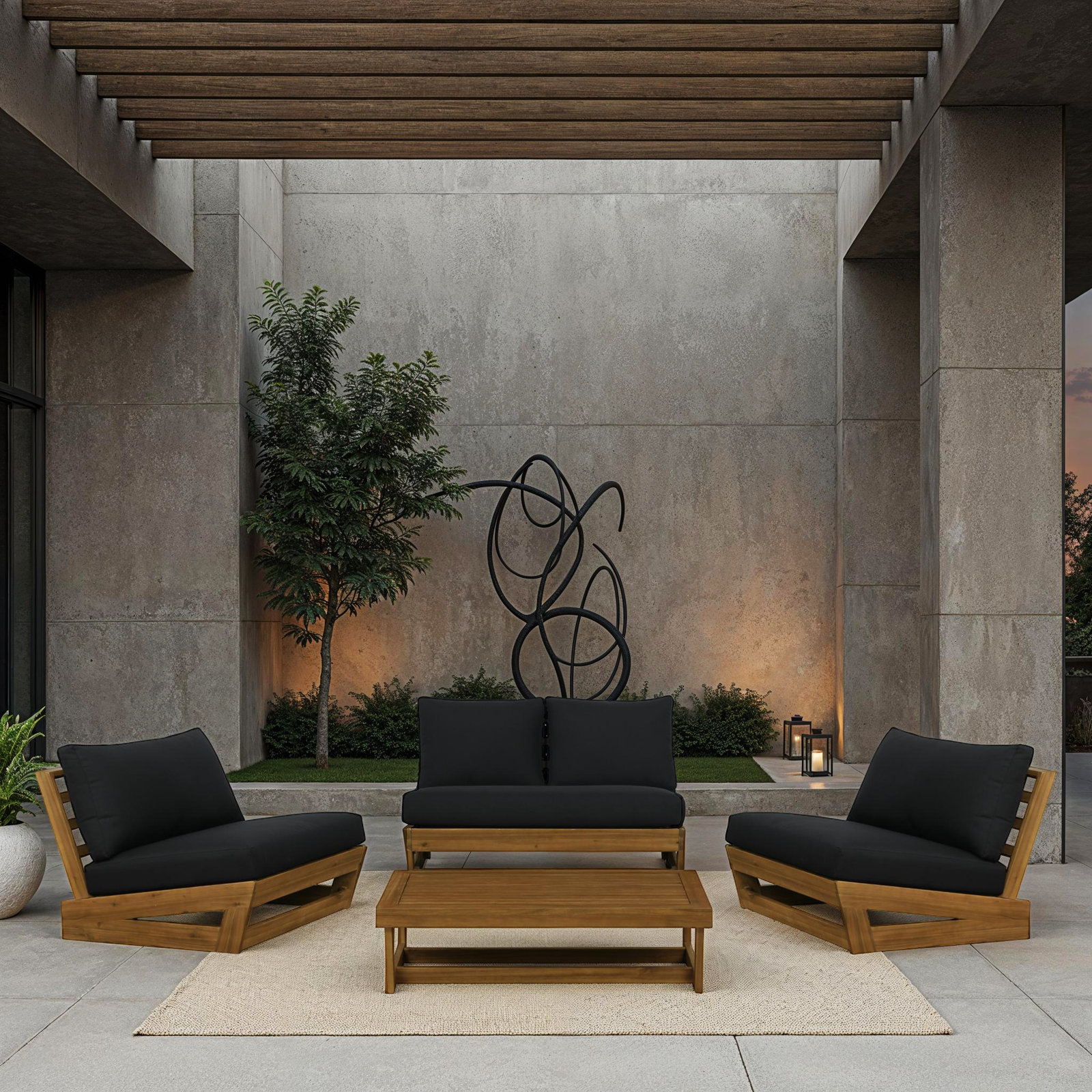 Fishbein Outdoor TK 4 Piece Set, Black Cushion/Brown Frame