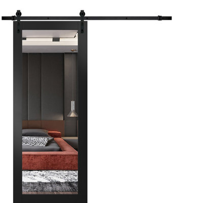 Porte de grange robuste Lucia 1299 Noir mat, rail de 2 m, quincaillerie lourde, portes intérieures modernes à panneaux pleins - 76 x 213 cm - Miroir - Rail noir