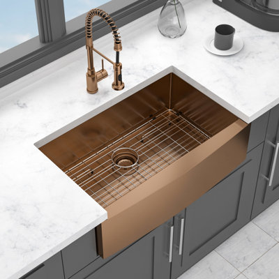 Évier de cuisine à tablier frontal en or rose 33 po, matériau nano T304 de calibre 16, oléofuge, écoulement d'eau fluide, avec grille de vaisselle en acier inoxydable 33 * 21 * 10, - empreinte digitale, réduction du bruit et support de séchage
